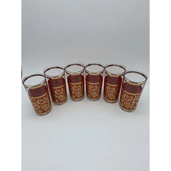 Culver ltd MCM Red 22K Gold Swirl Set of 6 Leaf Scroll Baroque High Ball Glasses - Picture 2 of 16